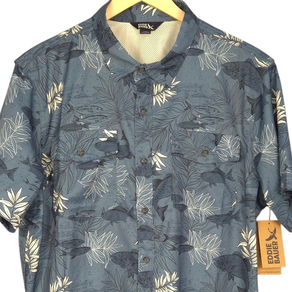 Eddie Bauer Vista Fishing Shirt Mens Large Blue Fish Short Sleeve Mesh Lined NEW